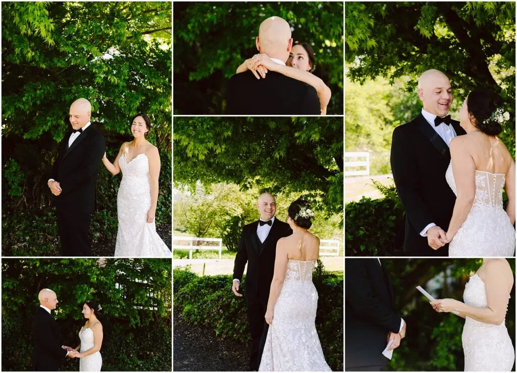 Snohomish Wedding Photographer GSquared Weddings A couple stands in a garden, exchanging vows. The bride wears a lace dress, and the groom is in a black tuxedo. They embrace and hold hands beneath leafy green trees, creating a romantic and intimate atmosphere. Serving Seattle, Snohomish and Orlando