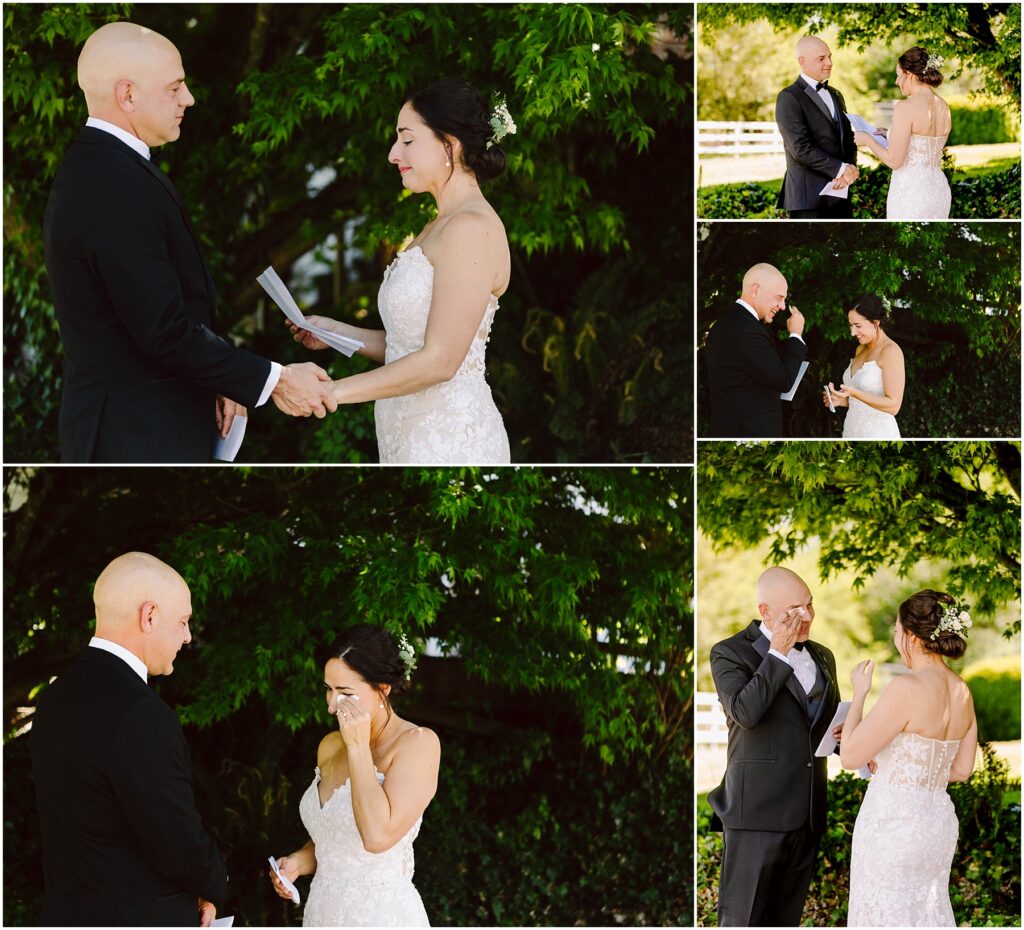 Snohomish Wedding Photographer GSquared Weddings A couple in wedding attire stands outside under trees, exchanging emotional vows. The bride reads with a smile and tears, while the groom looks touched, occasionally wiping his eyes. Both express a mix of joy and emotion. Serving Seattle, Snohomish and Orlando
