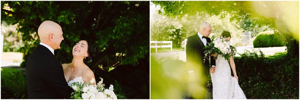 Snohomish Wedding Photographer GSquared Weddings A bride and groom in formal attire smile and pose outdoors with greenery in the background. The bride holds a bouquet of white flowers. The setting is lush and sunny, with the couple surrounded by trees. Serving Seattle, Snohomish and Orlando