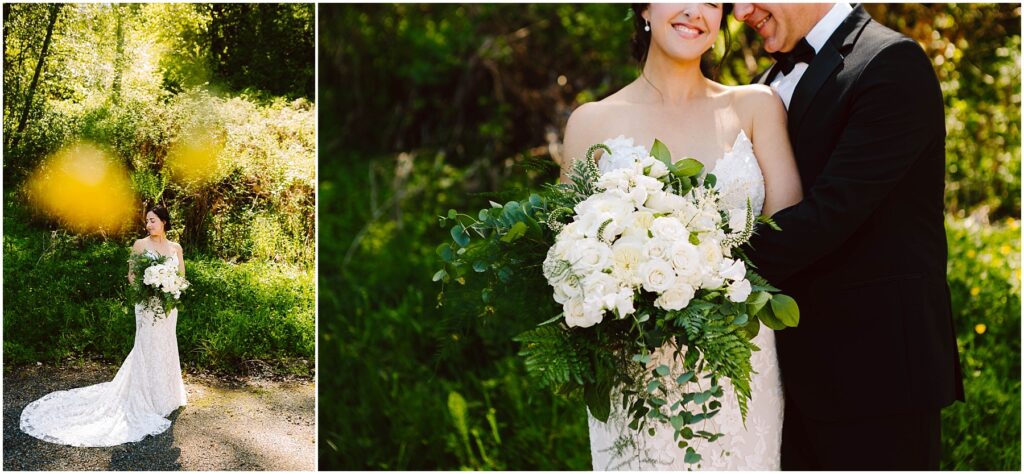 Snohomish Wedding Photographer GSquared Weddings A bride in a lace wedding dress holds a large bouquet of white roses and green foliage. She stands in a sunlit, wooded area. A groom in a black suit embraces her from the side, both smiling. The background is lush and green. Serving Seattle, Snohomish and Orlando