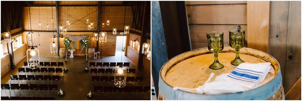 Snohomish Wedding Photographer GSquared Weddings Left: A rustic wedding venue with brown chairs, floral arrangements, and hanging lights. Right: Two green glasses and a folded white cloth with blue stripes on a wooden barrel. Serving Seattle, Snohomish and Orlando