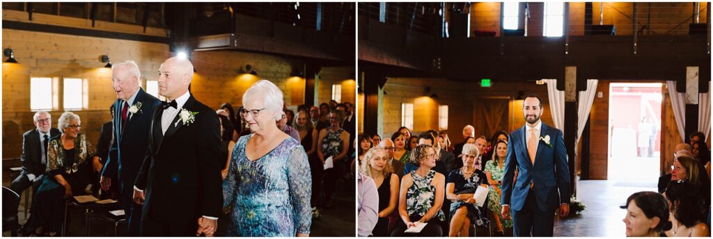 Snohomish Wedding Photographer GSquared Weddings On the left, a couple and an older man, all dressed formally, walk down the aisle of a rustic venue. On the right, a man in a blue suit smiles as he walks down the aisle. Guests are seated on either side in both images. Serving Seattle, Snohomish and Orlando