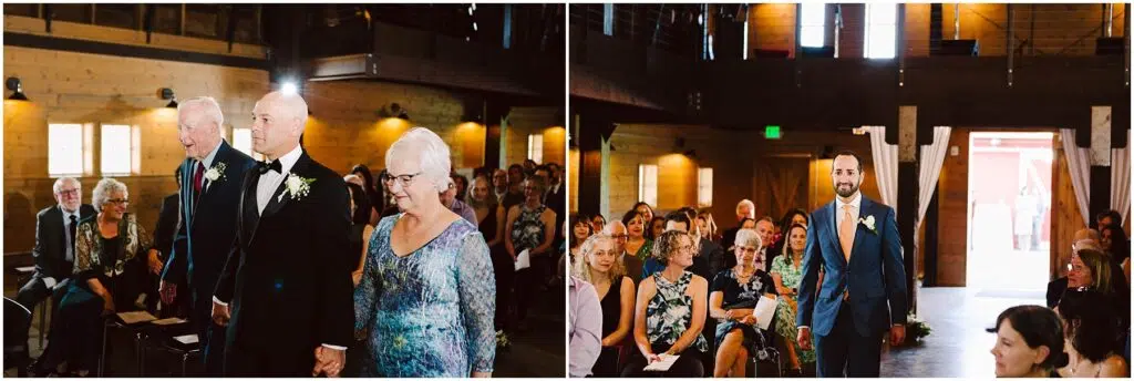 Snohomish Wedding Photographer GSquared Weddings On the left, a couple and an older man, all dressed formally, walk down the aisle of a rustic venue. On the right, a man in a blue suit smiles as he walks down the aisle. Guests are seated on either side in both images. Serving Seattle, Snohomish and Orlando