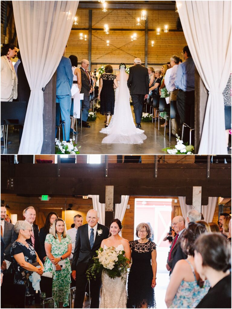 Snohomish Wedding Photographer GSquared Weddings Bride walking down the aisle in a rustic venue. She wears a lace gown and holds a bouquet. Guests stand on either side. The room is adorned with draped curtains and hanging lights. Another photo shows her with family, smiling. Serving Seattle, Snohomish and Orlando