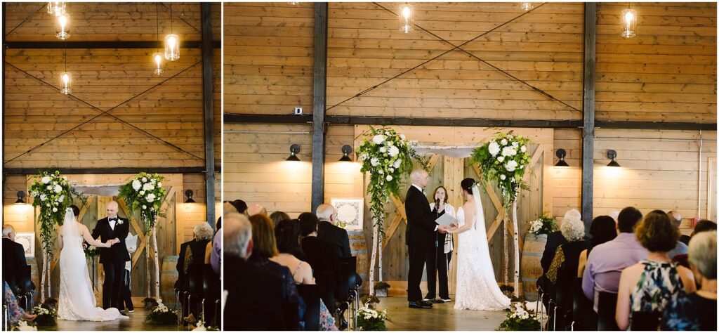 Snohomish Wedding Photographer GSquared Weddings A bride and groom stand before an officiant during a wedding ceremony in a rustic, wooden venue. Guests are seated on either side, and floral arrangements decorate the setting. The lighting is warm and ambient. Serving Seattle, Snohomish and Orlando