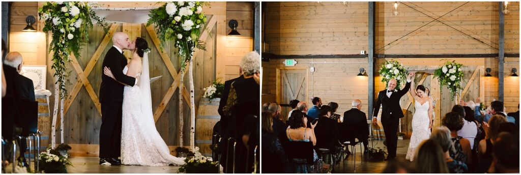 Snohomish Wedding Photographer GSquared Weddings A bride and groom kiss at the altar decorated with flowers in a rustic wooden venue. Guests are seated and watching. In the second image, the couple smiles and walks down the aisle, holding hands, as guests look on. Serving Seattle, Snohomish and Orlando