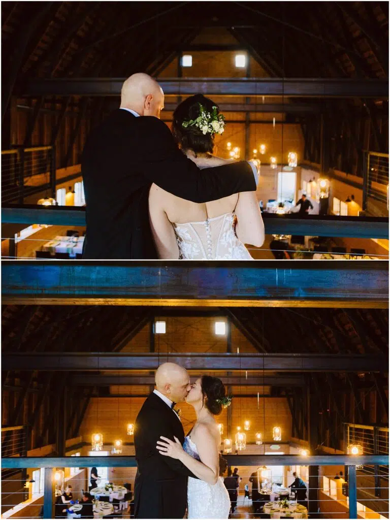 Snohomish Wedding Photographer GSquared Weddings A couple dressed in formal attire stands on a balcony. The first image shows them from behind, the man with his arm around the woman. The second image captures them facing each other, embracing, in a warmly lit venue. Serving Seattle, Snohomish and Orlando