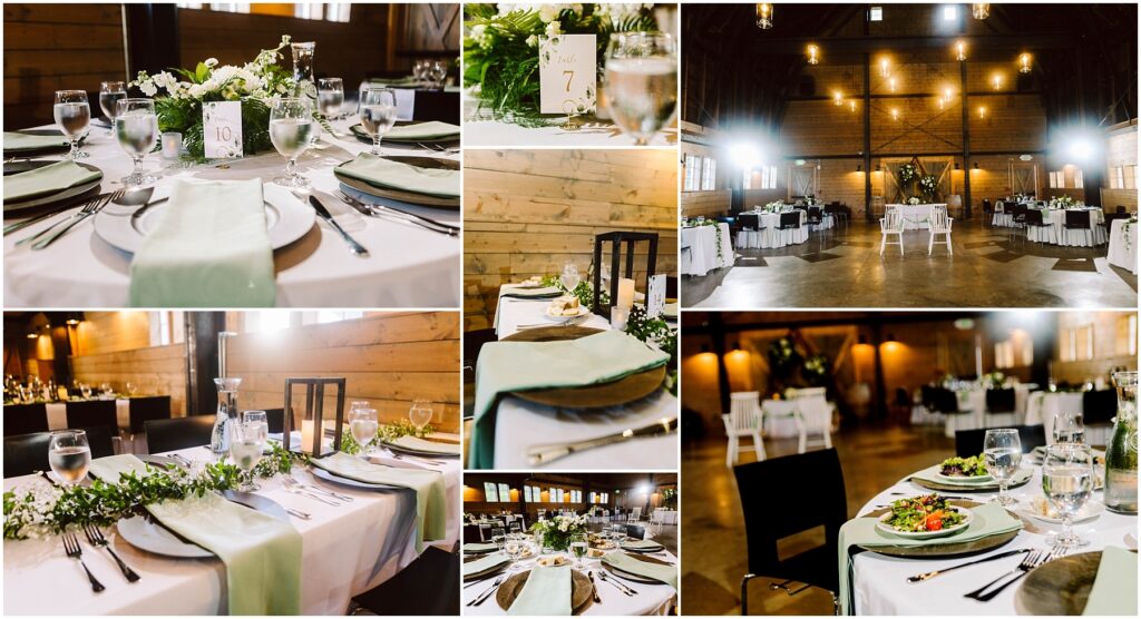Snohomish Wedding Photographer GSquared Weddings Collage of a wedding reception with elegantly set tables. Each table features white tablecloths, sage green napkins, glassware, and floral centerpieces. The venue is warmly lit with rustic wooden walls and a spacious interior. Serving Seattle, Snohomish and Orlando