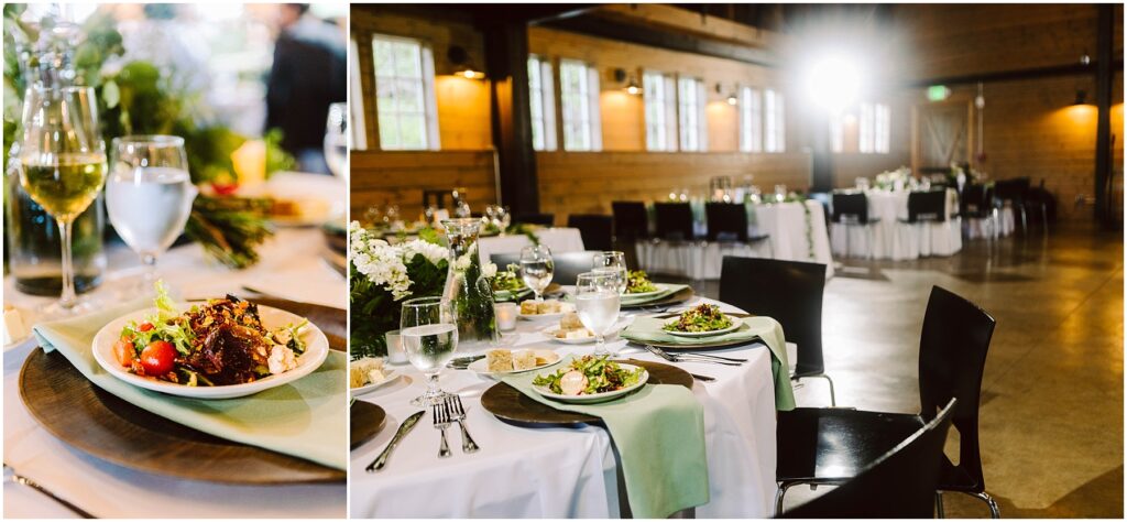 Snohomish Wedding Photographer GSquared Weddings Elegant wedding reception with tables set in a warm, softly lit venue. Close-up shows a plate of gourmet salad alongside water and wine glasses. The larger view reveals more tables adorned with white cloths, green accents, and floral centerpieces. Serving Seattle, Snohomish and Orlando