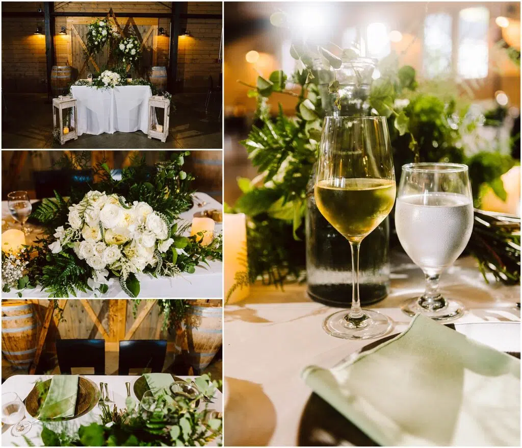 Snohomish Wedding Photographer GSquared Weddings Collage of a rustic wedding reception setup: a sweetheart table with floral arrangements, two wine glasses beside a water glass, a detailed bouquet of white roses, and place settings with greenery on a wooden table backdrop. Serving Seattle, Snohomish and Orlando