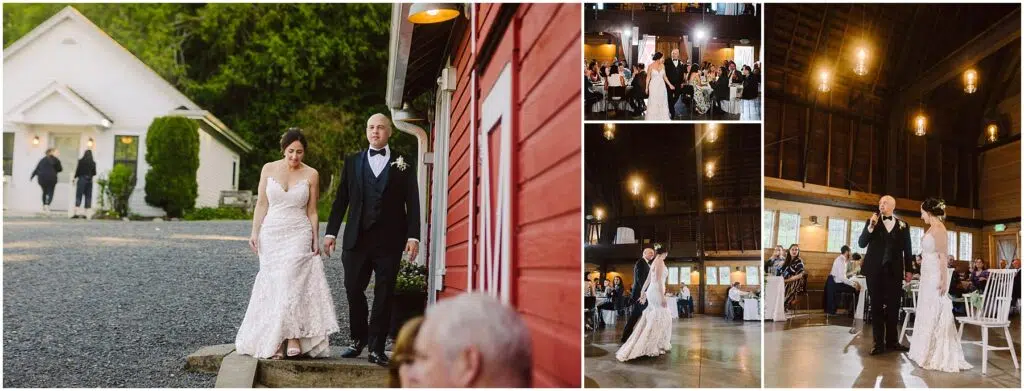 Snohomish Wedding Photographer GSquared Weddings A bride and groom walk hand in hand outside a rustic building. Inside, they share their first dance in a warmly lit hall, surrounded by guests seated at tables. The decor features wooden accents and glowing hanging lights. Serving Seattle, Snohomish and Orlando