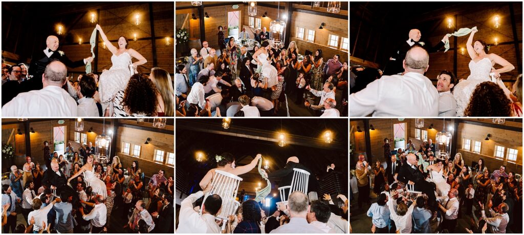 Snohomish Wedding Photographer GSquared Weddings A wedding celebration showing a sequence of six images: a couple being lifted on chairs by guests in a lively, rustic venue with wooden walls. The crowd is cheering and dancing, capturing the joyful and energetic atmosphere of the occasion. Serving Seattle, Snohomish and Orlando