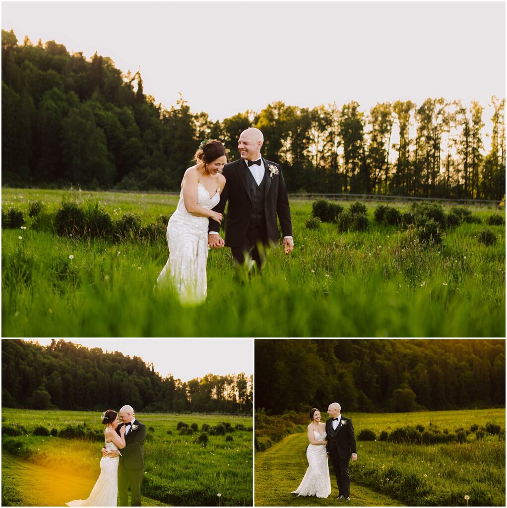 Snohomish Wedding Photographer GSquared Weddings A couple in wedding attire walks and embraces in a vibrant green field with trees in the background. The sun is setting, casting a warm glow over the scene. They appear joyful and relaxed, enjoying their moment together in nature. Serving Seattle, Snohomish and Orlando