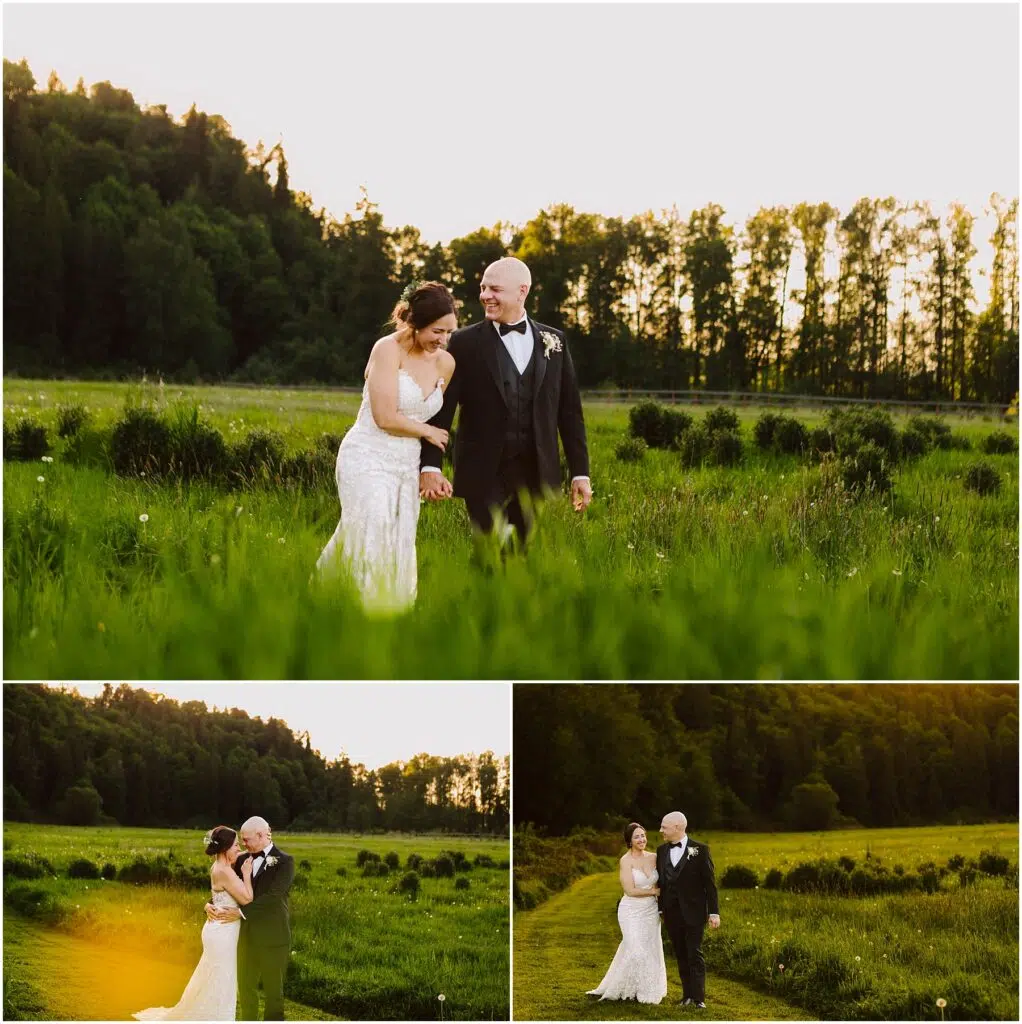 Snohomish Wedding Photographer GSquared Weddings A couple in wedding attire walks and embraces in a vibrant green field with trees in the background. The sun is setting, casting a warm glow over the scene. They appear joyful and relaxed, enjoying their moment together in nature. Serving Seattle, Snohomish and Orlando