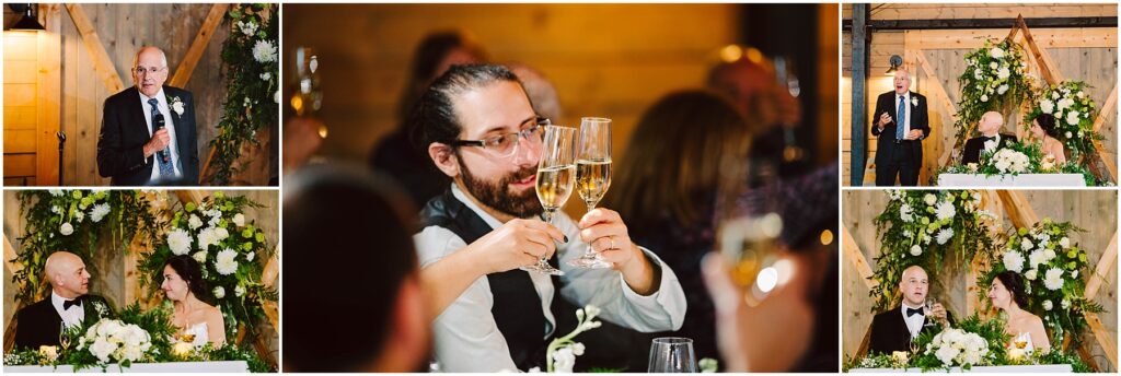 Snohomish Wedding Photographer GSquared Weddings A collage of wedding reception moments: a man gives a speech, a couple sits at a table with flowers, a man raises a glass in a toast, and a couple listens intently. The setting is warmly lit, with wooden decor and white flowers. Serving Seattle, Snohomish and Orlando