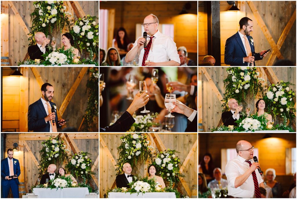 Snohomish Wedding Photographer GSquared Weddings A collage of wedding reception photos features people giving speeches, toasting, and a couple sitting at a table with floral decorations. The wood-paneled venue is warmly lit, and guests are visible in some background shots. Serving Seattle, Snohomish and Orlando