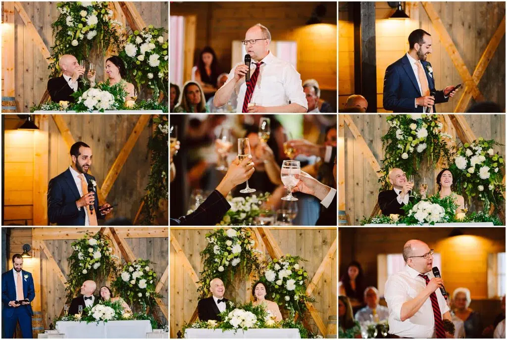 Snohomish Wedding Photographer GSquared Weddings A collage of wedding reception photos features people giving speeches, toasting, and a couple sitting at a table with floral decorations. The wood-paneled venue is warmly lit, and guests are visible in some background shots. Serving Seattle, Snohomish and Orlando