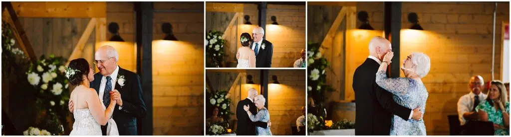 Snohomish Wedding Photographer GSquared Weddings Series of wedding photos capturing a bride dancing with an elderly man in a suit, and a groom dancing with an elderly woman in a floral dress. The setting is a warmly lit venue with wooden walls and floral decorations. Serving Seattle, Snohomish and Orlando