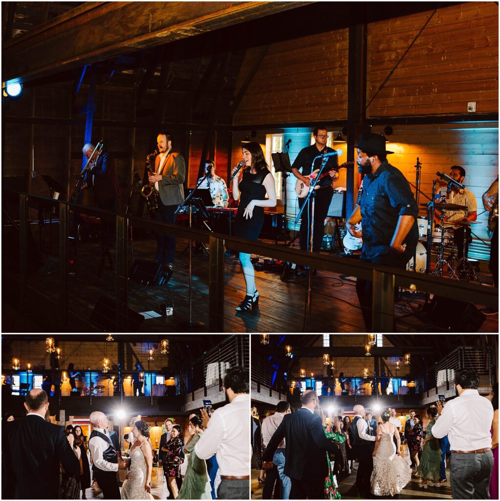 Snohomish Wedding Photographer GSquared Weddings A band performs on a wooden stage in a dimly lit venue. Below, two images show people dancing energetically on a dance floor. The setting is warm with bright lighting illuminating the dancers. Serving Seattle, Snohomish and Orlando