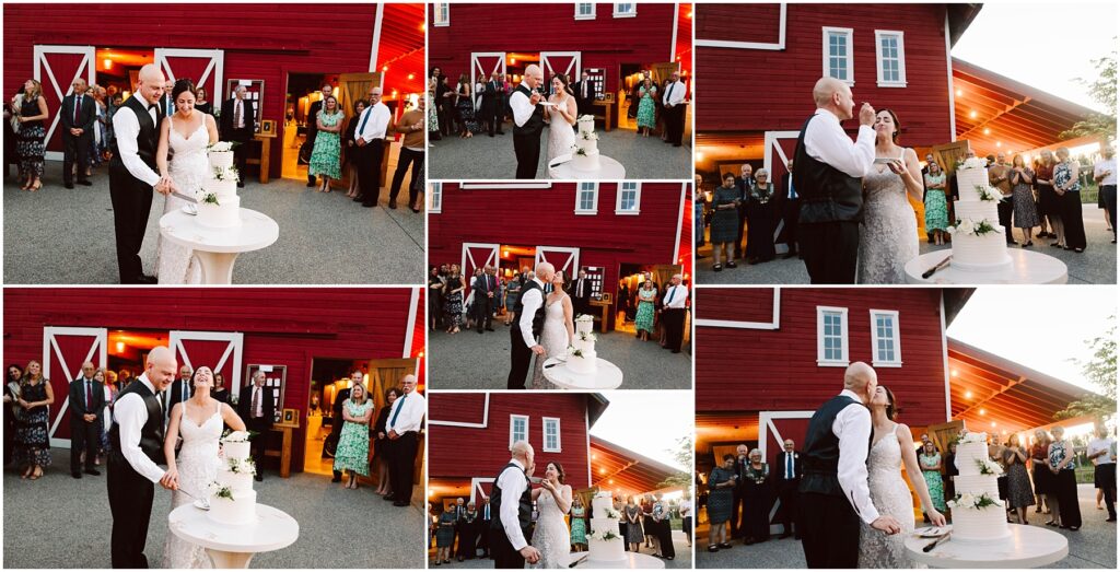 Snohomish Wedding Photographer GSquared Weddings A bride and groom cut and taste a wedding cake in front of guests outside a red barn. They smile and interact with each other during the cake-cutting ceremony. Serving Seattle, Snohomish and Orlando