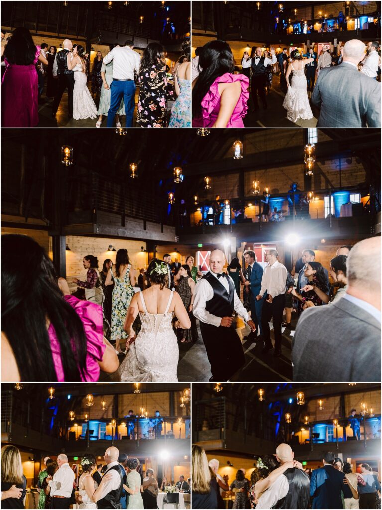 Snohomish Wedding Photographer GSquared Weddings A lively wedding reception with guests dancing energetically on the dance floor. The venue is warmly lit, with hanging lights and a visible wooden mezzanine. People are dressed in formal attire, and the atmosphere is joyful and festive. Serving Seattle, Snohomish and Orlando