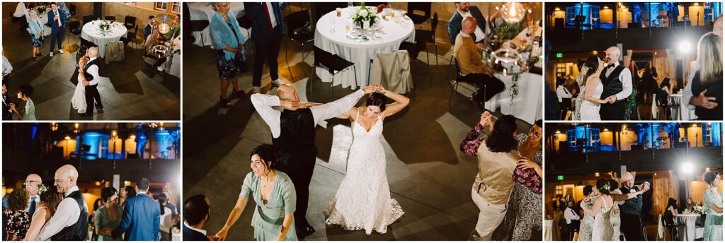 Snohomish Wedding Photographer GSquared Weddings A collage of wedding reception photos features a couple dancing. The bride in a white dress and guests enjoy the celebration, surrounded by tables with floral centerpieces. The venue is warmly lit with people smiling and dancing around them. Serving Seattle, Snohomish and Orlando