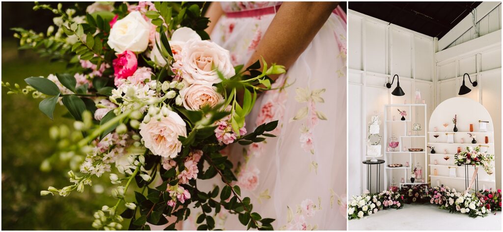 Snohomish Wedding Photographer GSquared Weddings On the left, a person holds a bouquet of pink and white flowers. On the right, a white room is decorated with floral arrangements and shelves displaying small items and vases of pink and white flowers. Serving Seattle, Snohomish and Orlando