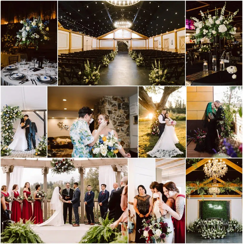 Snohomish Wedding Photographer GSquared Weddings A collage of wedding scenes: elegant table settings, indoor and outdoor ceremonies, couples exchanging vows, and bridal parties. Features floral arrangements, a decorated venue, and a joyful couple kissing. Serving Seattle, Snohomish and Orlando