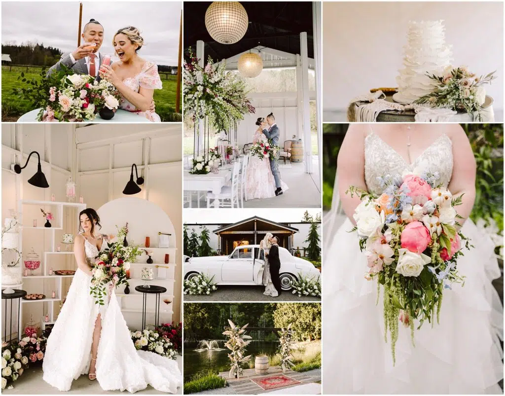 Snohomish Wedding Photographer GSquared Weddings Collage of wedding scenes: A couple cutting cake, a bride with bouquet, floral decorations, vintage car, and tiered cake. Wedding venue features elegant decor with pink and white flowers, chandeliers, and a picturesque outdoor setting. Serving Seattle, Snohomish and Orlando