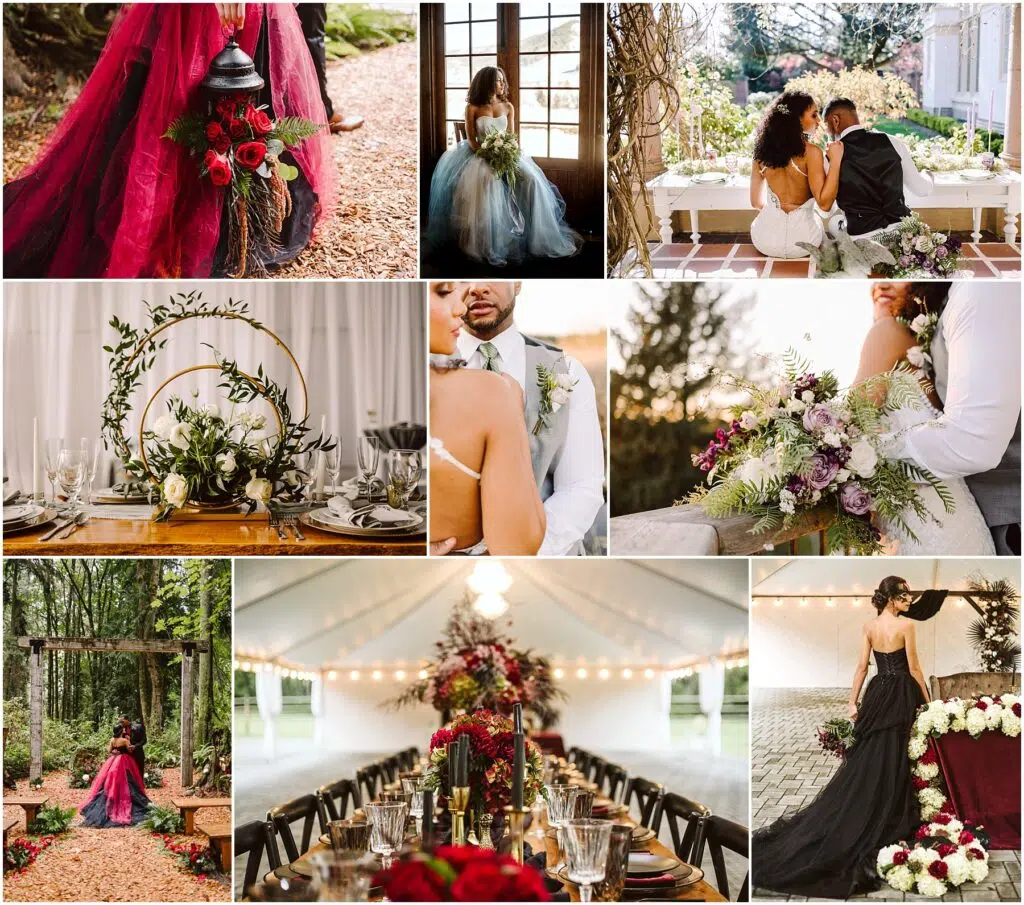 Snohomish Wedding Photographer GSquared Weddings A collage of wedding scenes: a bride in a red dress, another in blue by a window, a couple seated outdoors, floral table settings, a bride with a bouquet, a forest path, a tented dinner setup, and a black-dressed bride outside. Serving Seattle, Snohomish and Orlando