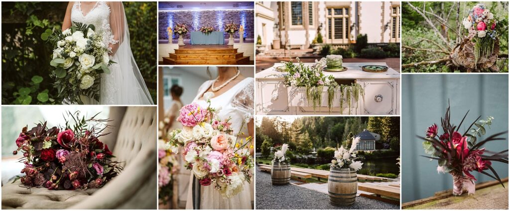 Snohomish Wedding Photographer GSquared Weddings Collage of wedding-themed images: various floral arrangements, a bride with a bouquet, a tiered cake on a decorated table, a rustic outdoor setting with wooden barrels, and a venue space with floral displays. Serving Seattle, Snohomish and Orlando