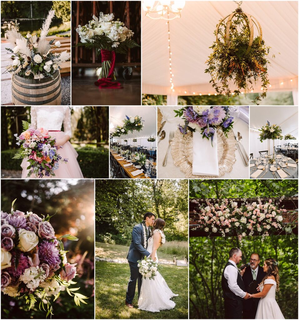Snohomish Wedding Photographer GSquared Weddings A collage of wedding details: floral arrangements, bride and groom in a forest setting, outdoor ceremony, elegant table settings with greenery and candles, and a rustic bouquet held by a bride. Serving Seattle, Snohomish and Orlando
