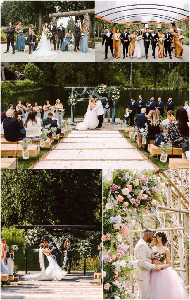 Snohomish Wedding Photographer GSquared Weddings A collage of five wedding photos: groups of bridesmaids and groomsmen posing, couples kissing outdoors, and a wedding ceremony by a lakeside with floral decorations and guests seated on wooden benches. Serving Seattle, Snohomish and Orlando