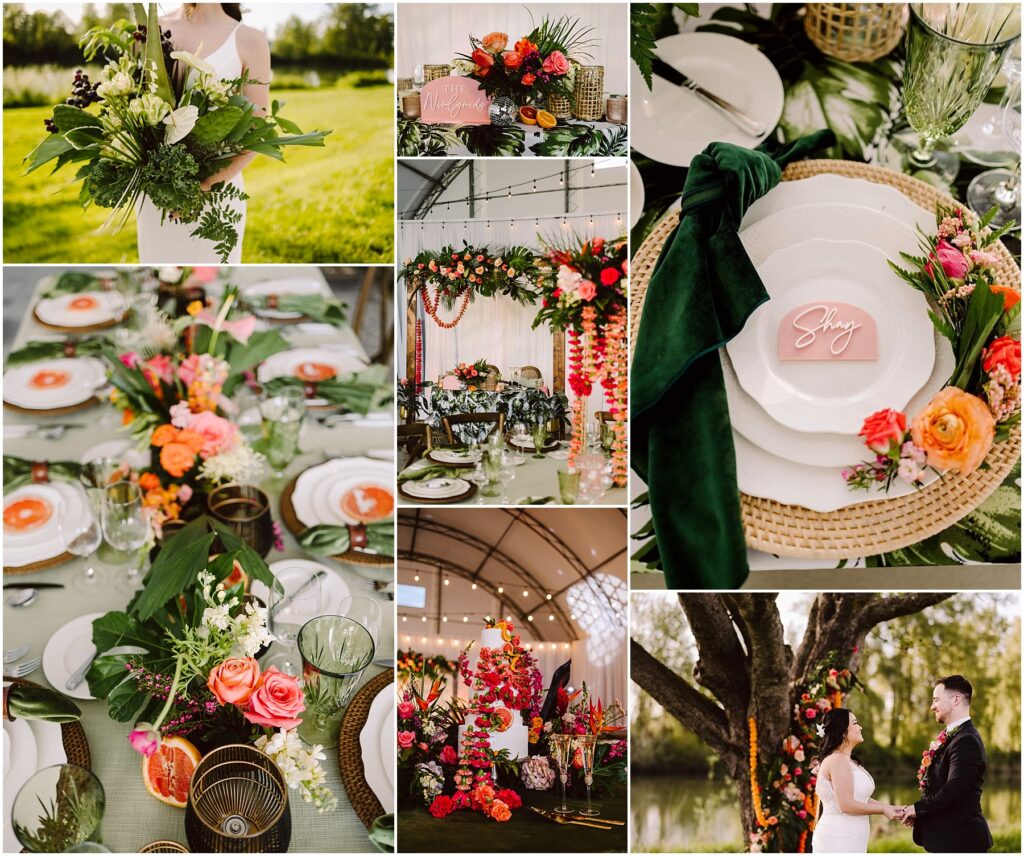 Snohomish Wedding Photographer GSquared Weddings A collage of vibrant tropical-themed wedding decor with lush floral arrangements, green and orange table settings, and a couple standing outdoors. The setup includes a table with greenery, an arch with colorful flowers, and elegant dinnerware. Serving Seattle, Snohomish and Orlando