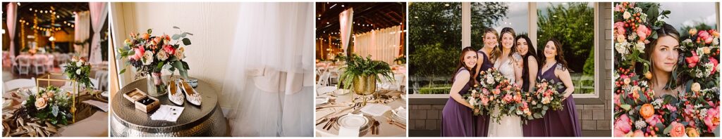 Snohomish Wedding Photographer GSquared Weddings A collage of wedding preparation images: a bridal bouquet and shoes, a decorated table set for dining, five women in dresses posing with flowers, and a close-up of a woman peeking through a flower arrangement. Serving Seattle, Snohomish and Orlando