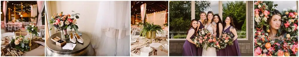 Snohomish Wedding Photographer GSquared Weddings A collage of wedding preparation images: a bridal bouquet and shoes, a decorated table set for dining, five women in dresses posing with flowers, and a close-up of a woman peeking through a flower arrangement. Serving Seattle, Snohomish and Orlando