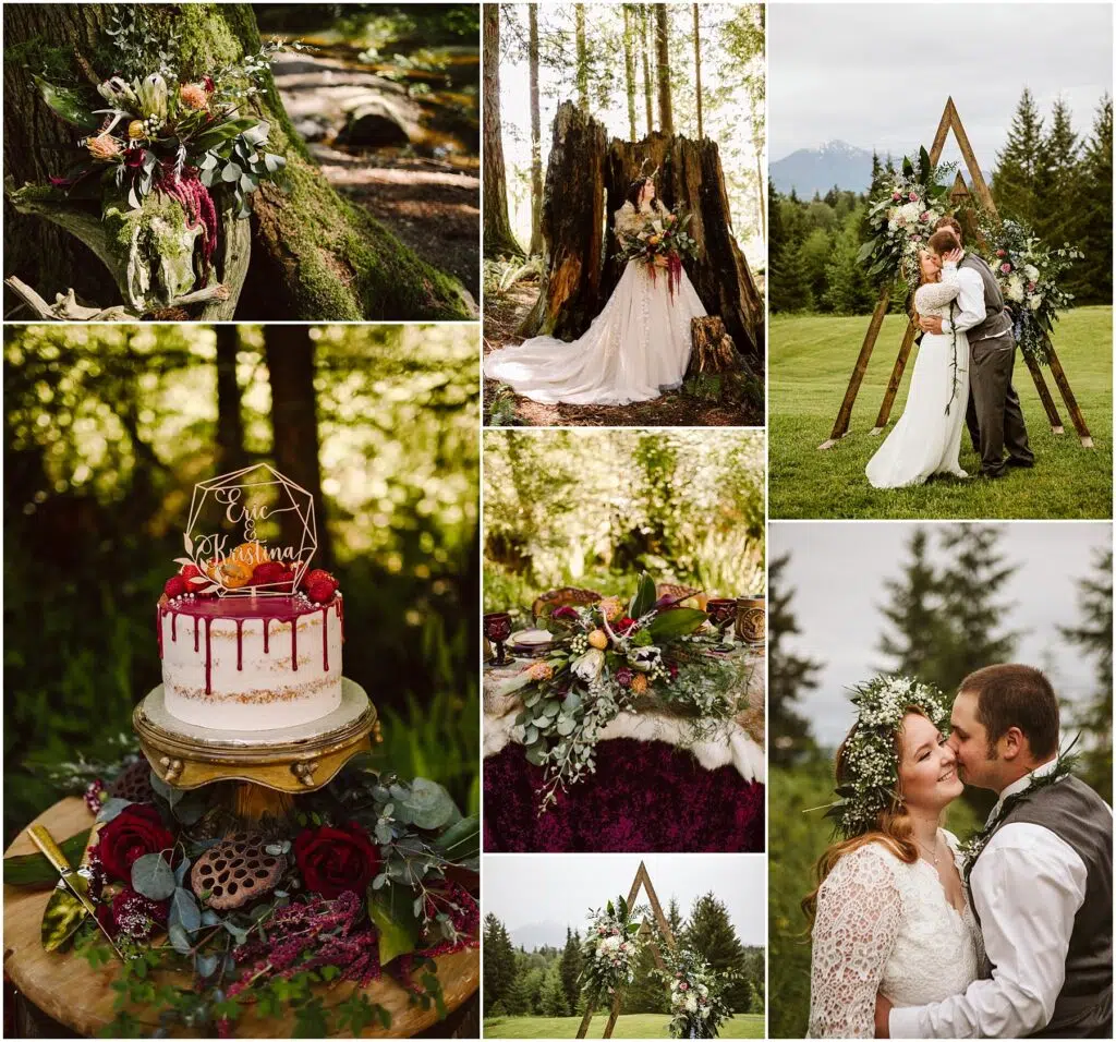 Snohomish Wedding Photographer GSquared Weddings A collage of a rustic outdoor wedding featuring a couple embracing, a white cake with red and white floral decor, a wedding gown draped over a tree stump, and a floral-adorned triangle arch in a forest setting. Serving Seattle, Snohomish and Orlando