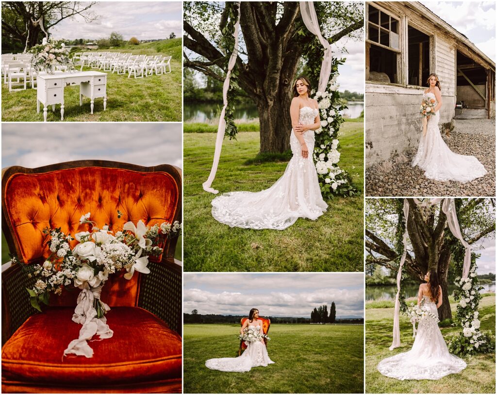 Snohomish Wedding Photographer GSquared Weddings Collage of a bride in a lace gown posing outdoors with a floral bouquet. She stands near a large tree and rustic building. Theres a vintage chair with floral decor and a ceremony setup with chairs and a table, all set against a scenic landscape. Serving Seattle, Snohomish and Orlando