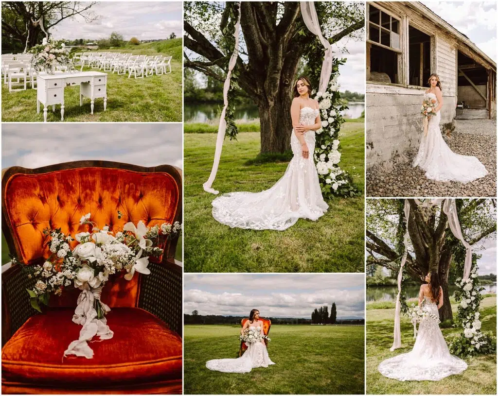 Snohomish Wedding Photographer GSquared Weddings Collage of a bride in a lace gown posing outdoors with a floral bouquet. She stands near a large tree and rustic building. Theres a vintage chair with floral decor and a ceremony setup with chairs and a table, all set against a scenic landscape. Serving Seattle, Snohomish and Orlando