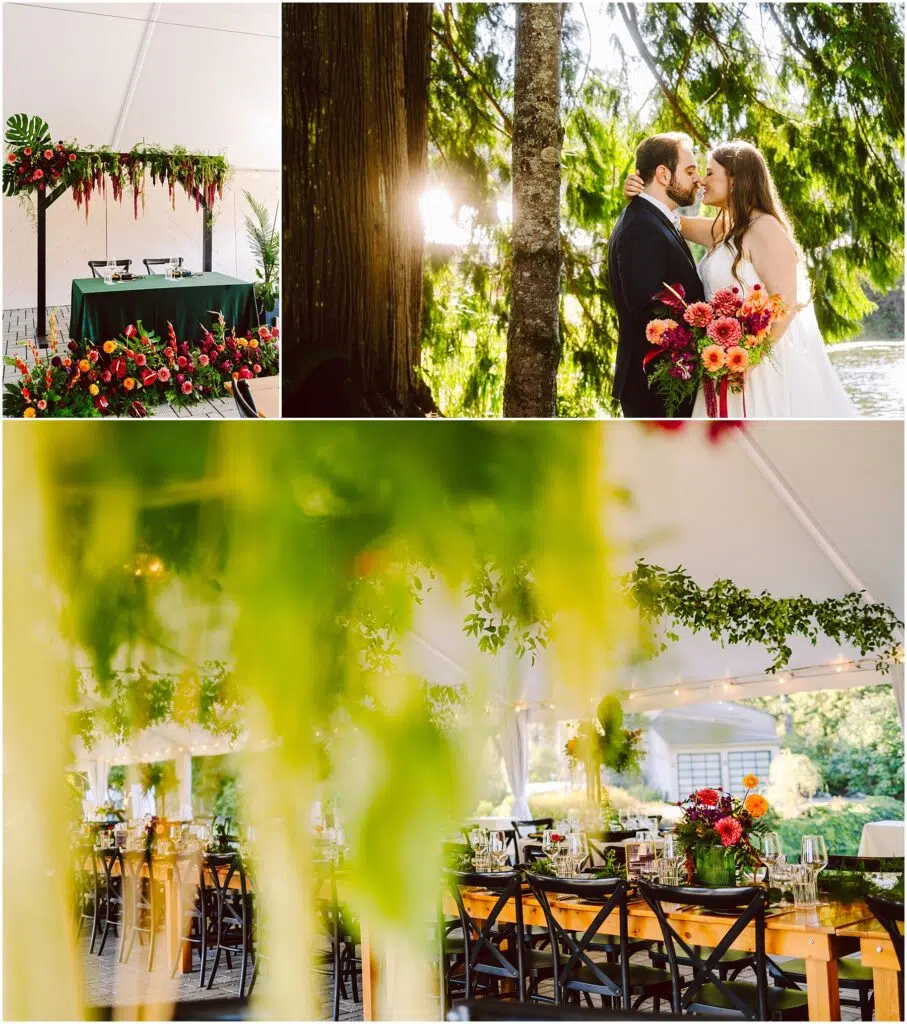 Snohomish Wedding Photographer GSquared Weddings A wedding collage: a decorated tent with flowers and a table, a couple kissing by sunlit trees, and a reception setup with tables adorned with greenery and colorful flowers. Serving Seattle, Snohomish and Orlando