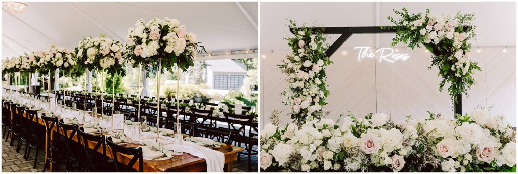 Snohomish Wedding Photographer GSquared Weddings Elegant wedding reception table under a white tent, adorned with tall floral centerpieces of white and pink roses. A wooden arch decorated with similar flowers and a The Rose neon sign is visible in the background. Serving Seattle, Snohomish and Orlando