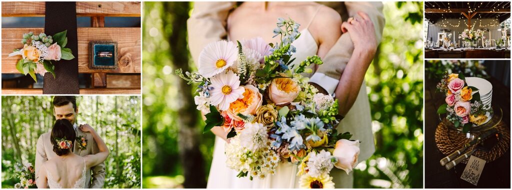 Snohomish Wedding Photographer GSquared Weddings Collage of wedding images: bride holding a vibrant bouquet, couple embracing with floral hairpiece, wedding rings on a wooden table, decorated cake with flowers, and reception with string lights and set tables. Serving Seattle, Snohomish and Orlando