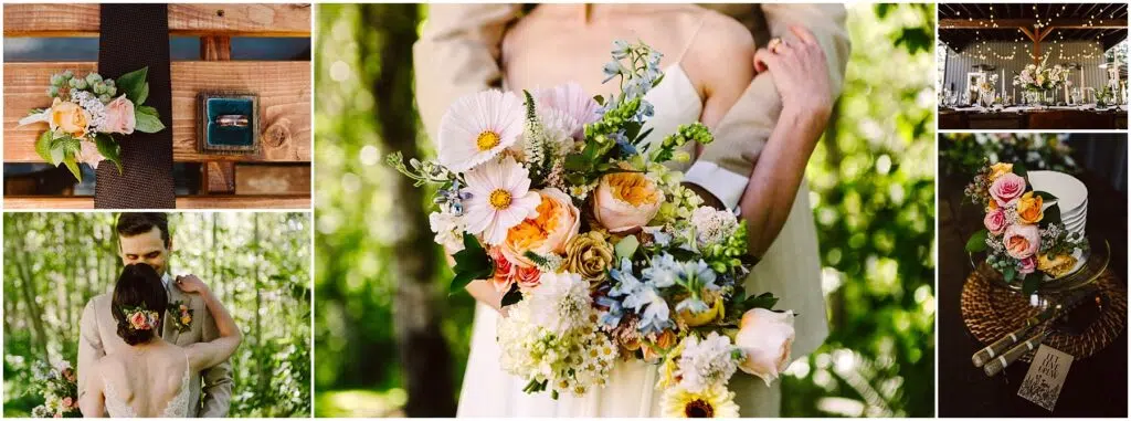 Snohomish Wedding Photographer GSquared Weddings Collage of wedding images: bride holding a vibrant bouquet, couple embracing with floral hairpiece, wedding rings on a wooden table, decorated cake with flowers, and reception with string lights and set tables. Serving Seattle, Snohomish and Orlando