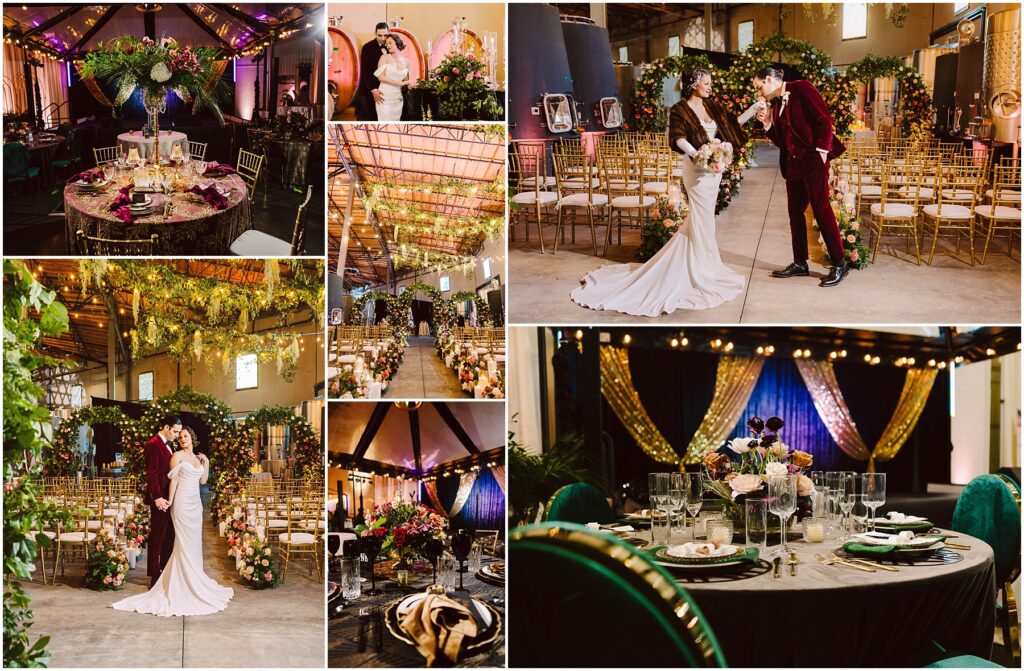 Snohomish Wedding Photographer GSquared Weddings A collage of wedding scenes in a rustic setting. Images include an elegantly set dinner table, a couple dancing and kissing in a floral-adorned venue, and banquet setup with vibrant flowers, gold chairs, and string lights. The atmosphere is romantic and festive. Serving Seattle, Snohomish and Orlando