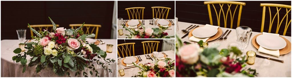 Snohomish Wedding Photographer GSquared Weddings Close-up of an elegantly set dining table with two place settings. The table features gold chairs, white plates on gold chargers, silver cutlery, and glasses. A lush floral centerpiece with pink, red, and white flowers and greenery adorns the table. Serving Seattle, Snohomish and Orlando
