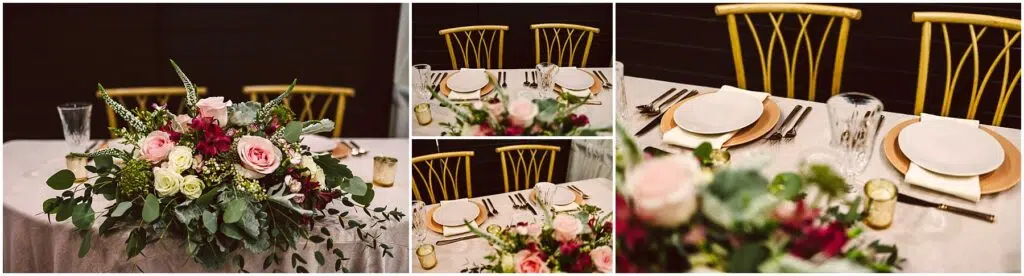 Snohomish Wedding Photographer GSquared Weddings Close-up of an elegantly set dining table with two place settings. The table features gold chairs, white plates on gold chargers, silver cutlery, and glasses. A lush floral centerpiece with pink, red, and white flowers and greenery adorns the table. Serving Seattle, Snohomish and Orlando