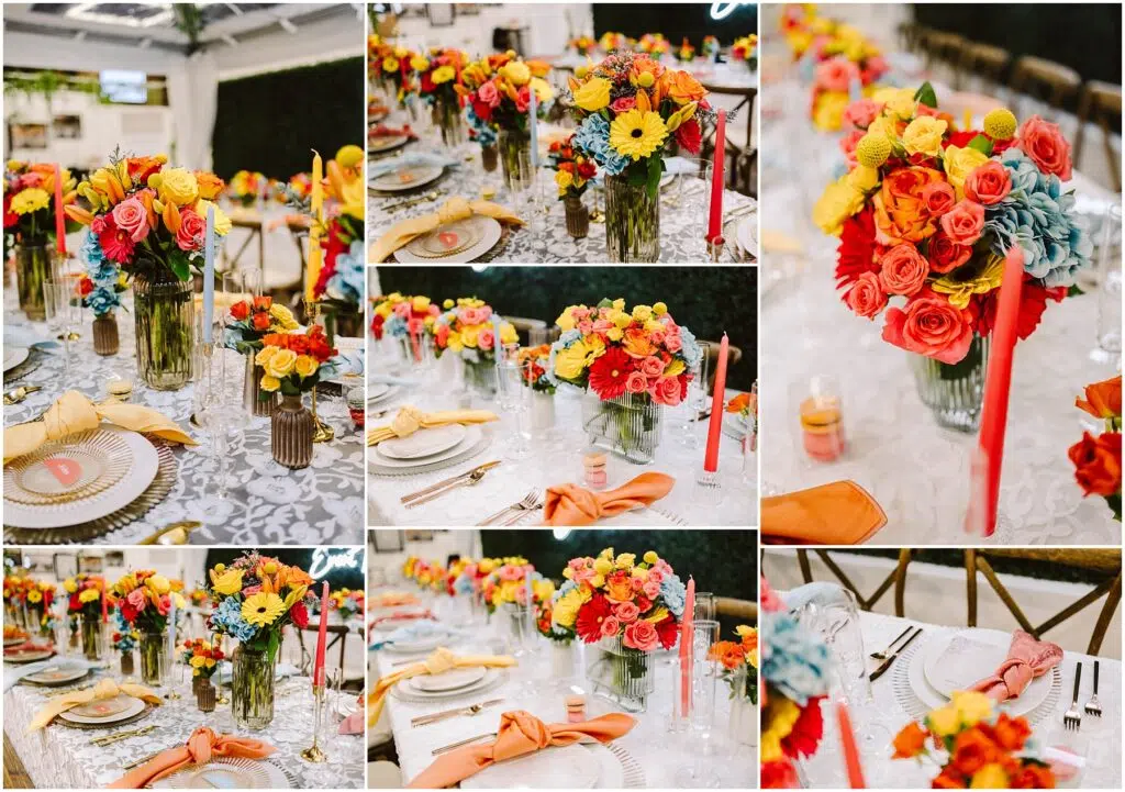 Snohomish Wedding Photographer GSquared Weddings A beautifully arranged dining table features vibrant floral centerpieces with roses, gerberas, and hydrangeas in pink, yellow, and blue. Settings include white plates, gold-tone cutlery, and orange or mustard napkins on a white lace tablecloth. Serving Seattle, Snohomish and Orlando