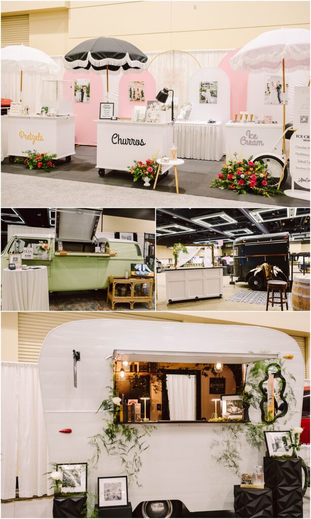 Snohomish Wedding Photographer GSquared Weddings A display of various vintage-themed food carts and trailers, including one selling churros and another with an ice cream sign. Decor involves retro accents, plants, framed photos, and decorative umbrellas against a soft pink and white backdrop. Serving Seattle, Snohomish and Orlando