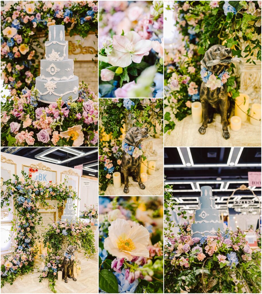 Snohomish Wedding Photographer GSquared Weddings A collage featuring a blue tiered cake with floral designs, surrounded by lush bouquets of pink and white flowers. A bronze dog statue adorned with a wreath, and a decorated archway with initials J B K completes the elegant setup. Serving Seattle, Snohomish and Orlando