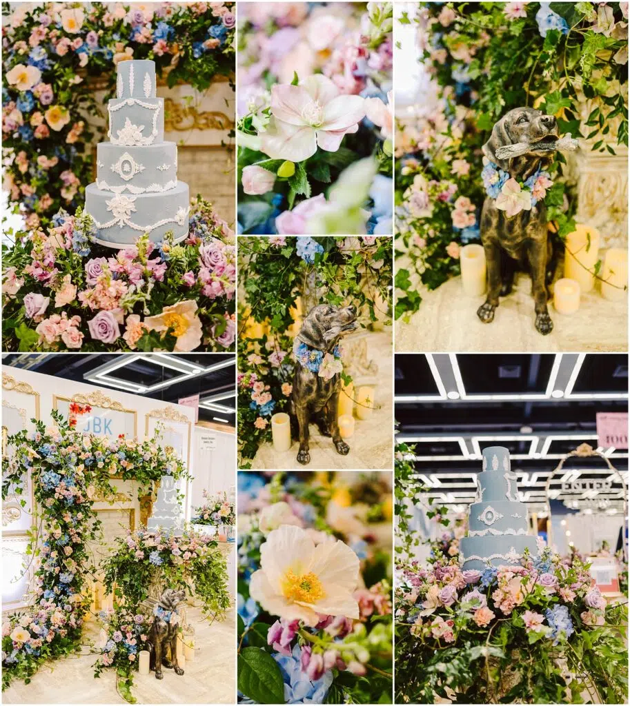 Snohomish Wedding Photographer GSquared Weddings A collage featuring a blue tiered cake with floral designs, surrounded by lush bouquets of pink and white flowers. A bronze dog statue adorned with a wreath, and a decorated archway with initials J B K completes the elegant setup. Serving Seattle, Snohomish and Orlando